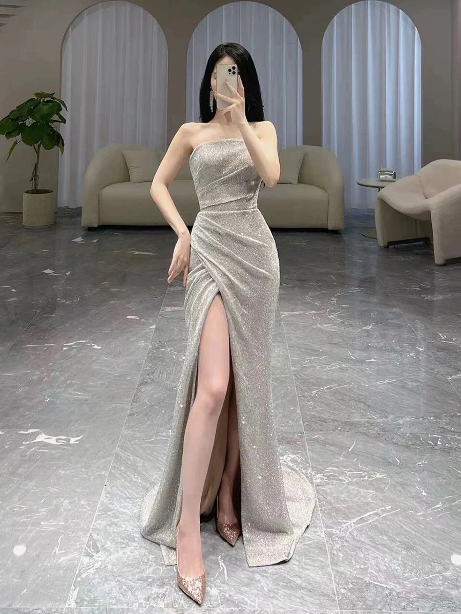Classy Mermaid Strapless Sequin Evening Dress Long Prom Dresses H2886 - Deanwangkt