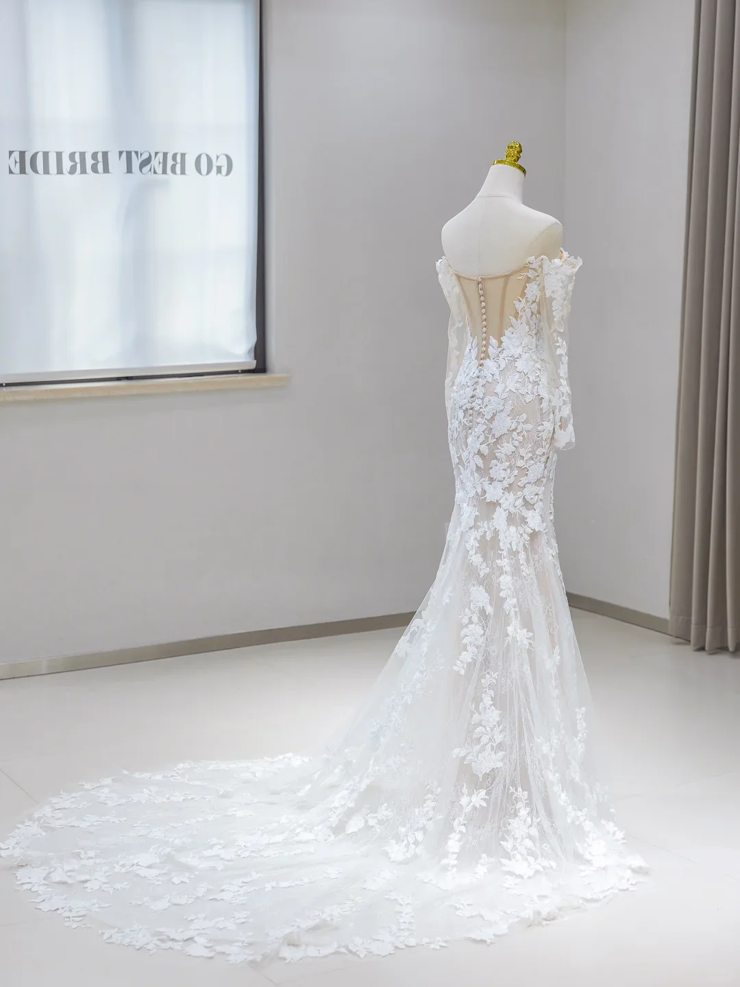 Unique Wedding Dress Mermaid Off The Shoulder Lace Long Sleeves 70s Wedding Dresses Bridal Gowns DH2080 - Deanwangkt