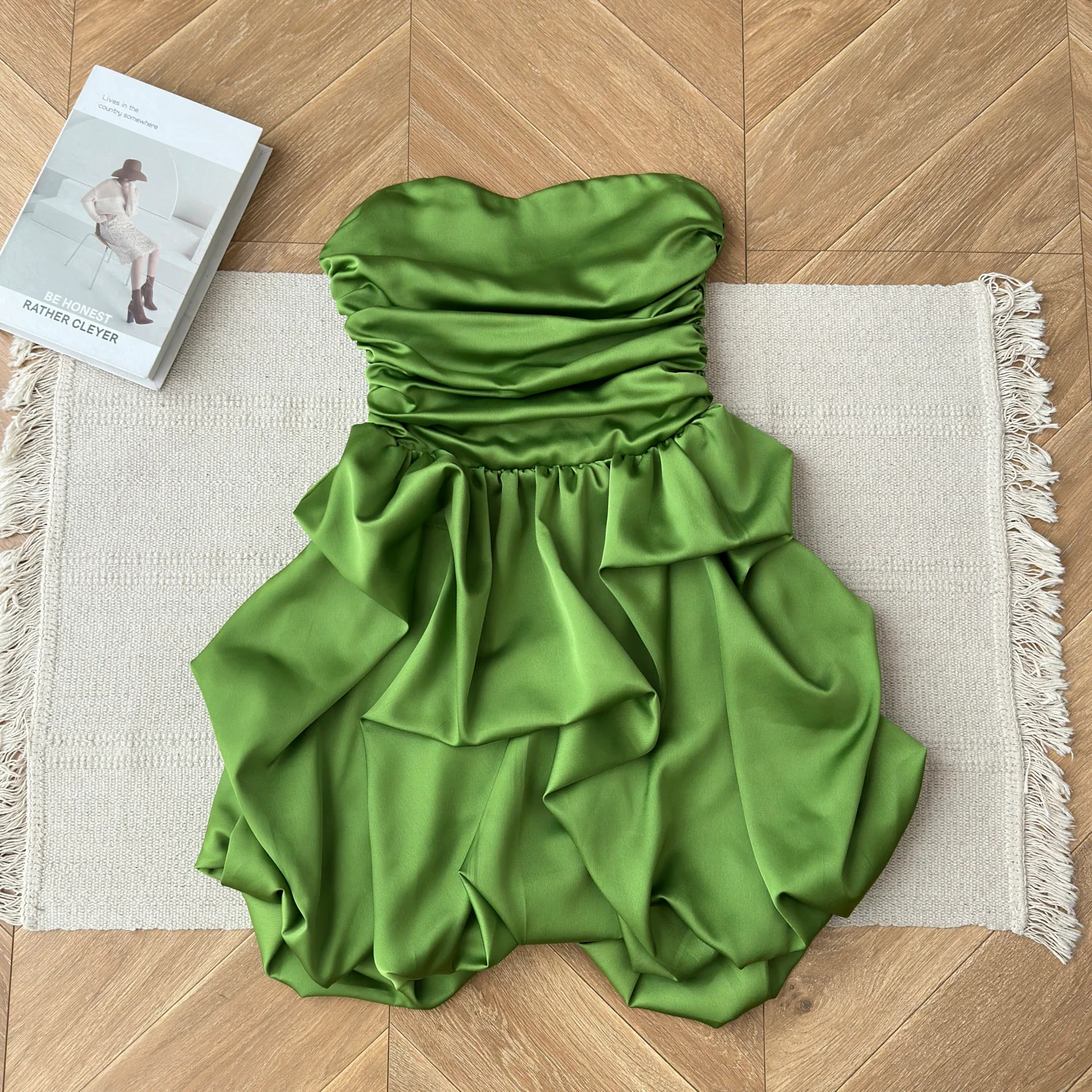 Cute A line Strapless Green Satin Short Summer Dress Holiday Party Birthday Outfits DP0145 - Deanwangkt