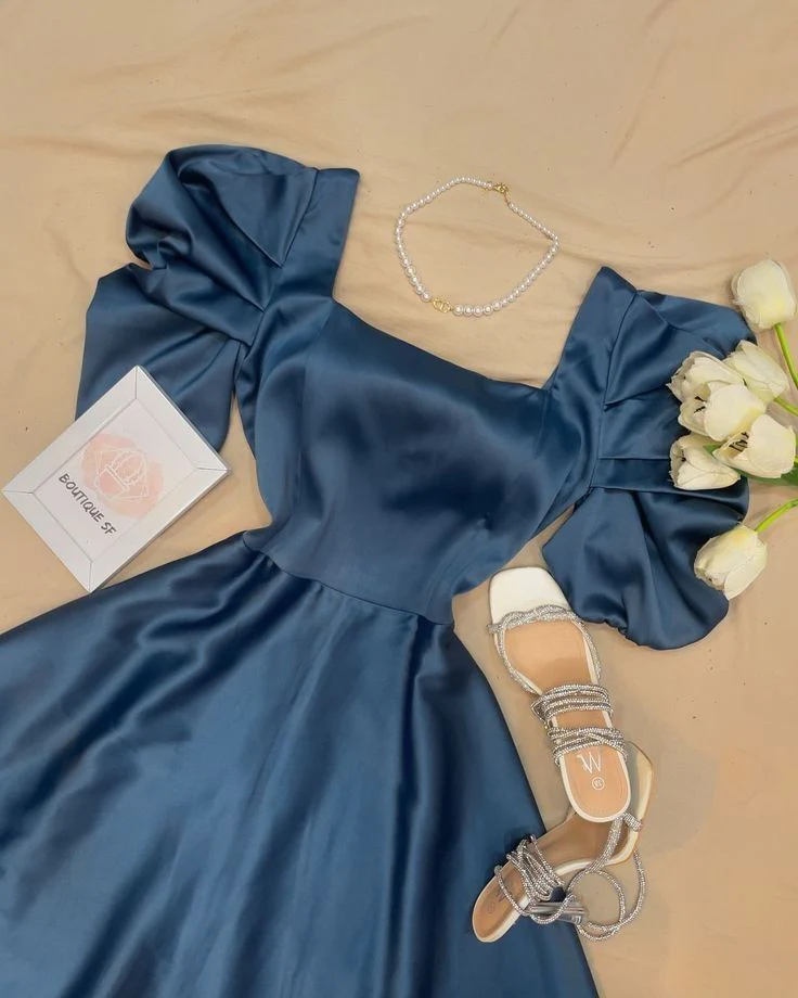 Gorgeous A line Square Neck Satin Navy Blue Evening Dress Prom Dresses Formal Summer Wedding Guest Dresses Wedding Guest Outfits DP2146 - Deanwangkt
