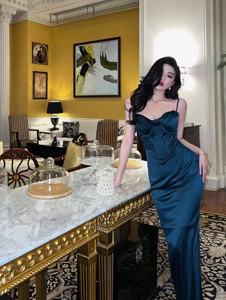 Elegant Glamour Mermaid Spaghetti Straps Blue Long Prom Dress Party Dress Evening Dresses DP1632 - Deanwangkt