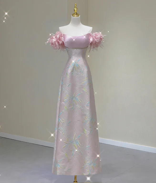 Classy A Line Off The Shoulder Satin Pink High School Evening Dress Long Prom Dresses DP426 - Deanwangkt