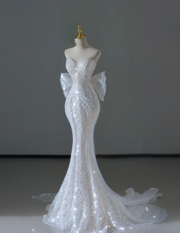 Dreamy Mermaid Off The Shoulder Sequin Long White Wedding Dresses Summer Brides Dress DP515 - Deanwangkt