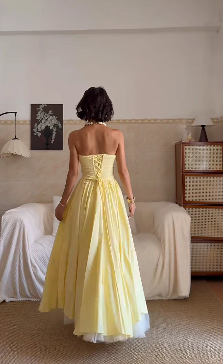 Cute A-Line Yellow Long Prom Dresses Satin Sleeveless Sweetheart Yellow Birthday Dresses DP3930 - Deanwangkt