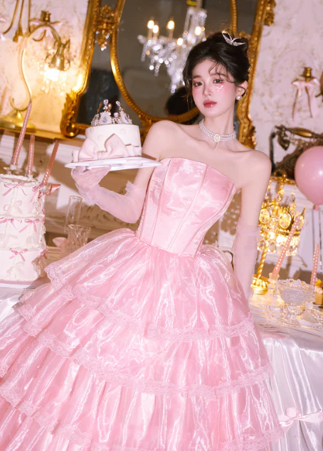 Cute Strapless Ball Gown Tiered Tull Long Prom Dress, Pink Sweet 16 Dress DP3023 - Deanwangkt