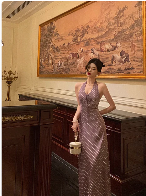 Pretty A line Halter Grape Polka Dots 21st Birthday Dress Party Outfits Birthday Outfits For Women DP0191 - Deanwangkt