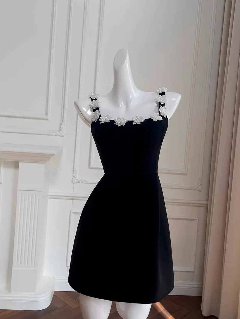 Trendy A Line Square Neck Floral Black Satin Formal Short 8th Grade Homecoming Dress Summer Middle School Hoco Dresses Birthday Outfits W930 - Deanwangkt