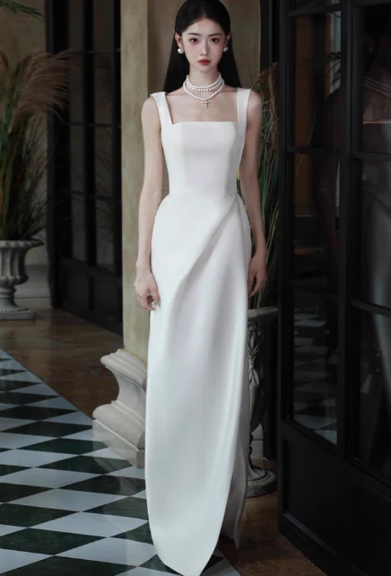 Elegant Square Neck Sheath Long Prom Dresses Satin White Evening Dresses DP3316 - Deanwangkt