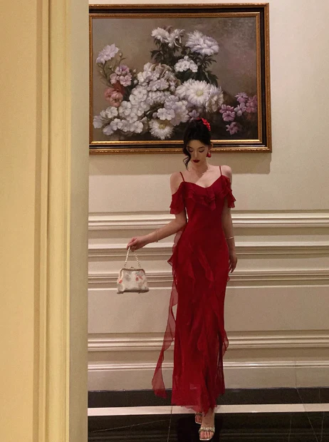 Classy A line Spaghetti Straps Red Chiffon Sleeveless 18th Birthday Dress Party Gown Birthday Outfits Birthday Dress Ideas For Women DP558 - Deanwangkt