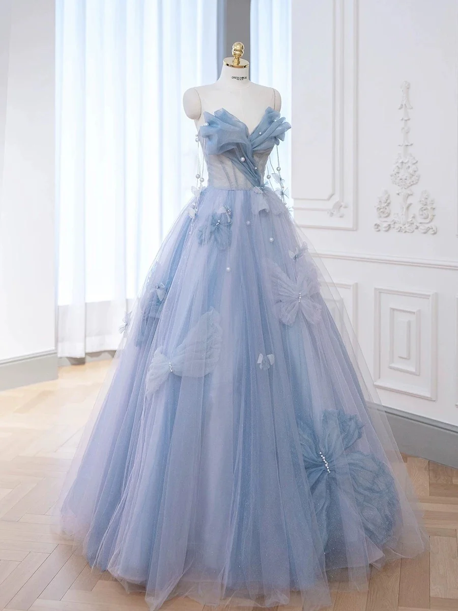 Classy Elegant Ball Gown Sweetheart Blue Tulle Flowers Prom Dresses H2891 - Deanwangkt