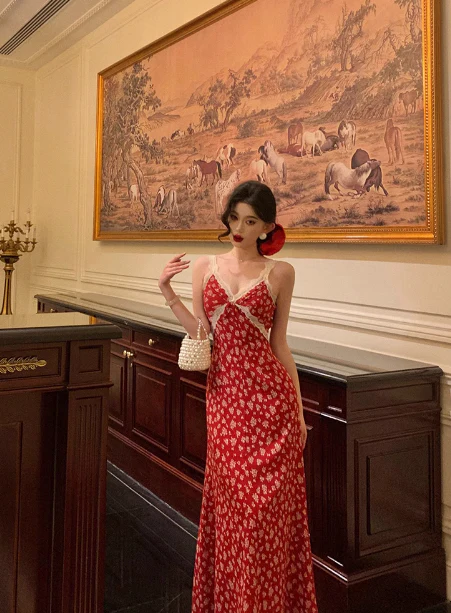 Cute A line V Neckline Red Floral Sleeveless 18th Birthday Dress Party Gown Birthday Outfits For Women DP0207 - Deanwangkt