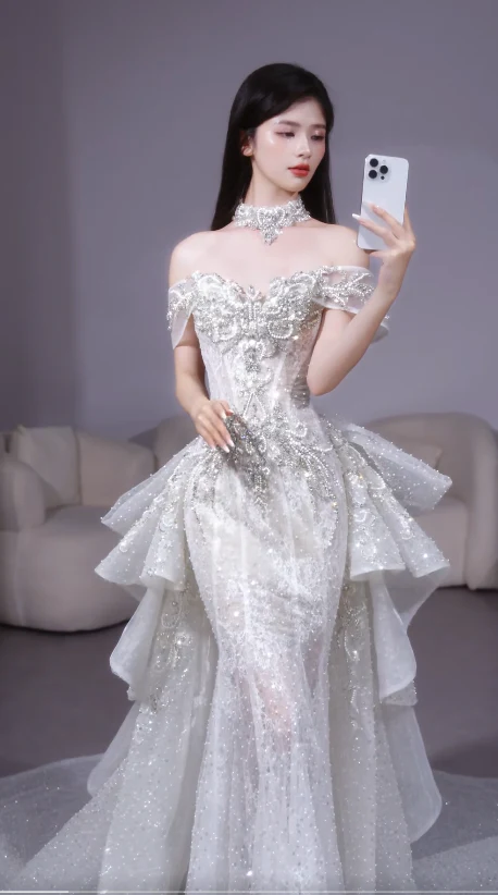 Gorgeous Sheath Long Wedding Dresses, Short Sleeve White Bridal Dresses, Rhinestone Tulle Bridal Gowns DP3939 - Deanwangkt