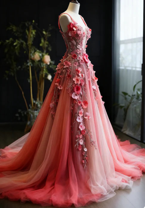 Pretty Ball Gown Sweetheart Pink Tulle Long Quinceanera Dress Formal Short Sleeves Flowers Vestido De 15 Anos Sweet 16 Dress W0288 - Deanwangkt