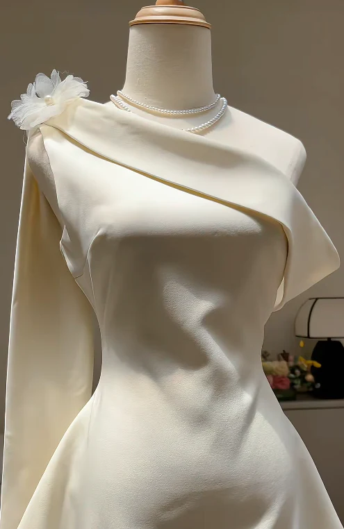 Fairy One-Shoulder Sheath Short Prom Dress Satin White Birthday Dress Sleeveless Homecoming Dresses DP3790 - Deanwangkt