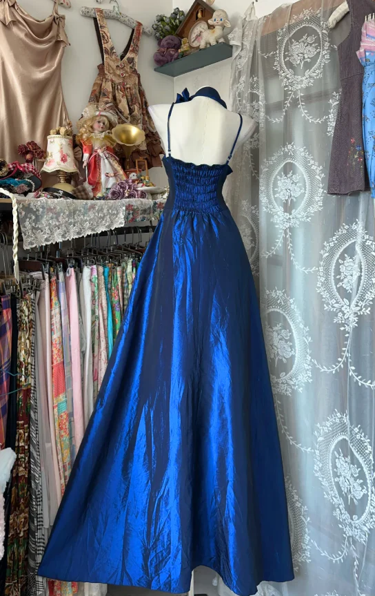 Chic Halter A-Line Long Prom Dresses Satin Blue Evening Dresses DP3376 - Deanwangkt