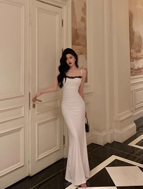 Sexy Mermaid Spaghetti Straps White Floral 21st Birthday Dress Holiday Party Birthday Outfits For Women DP0181 - Deanwangkt