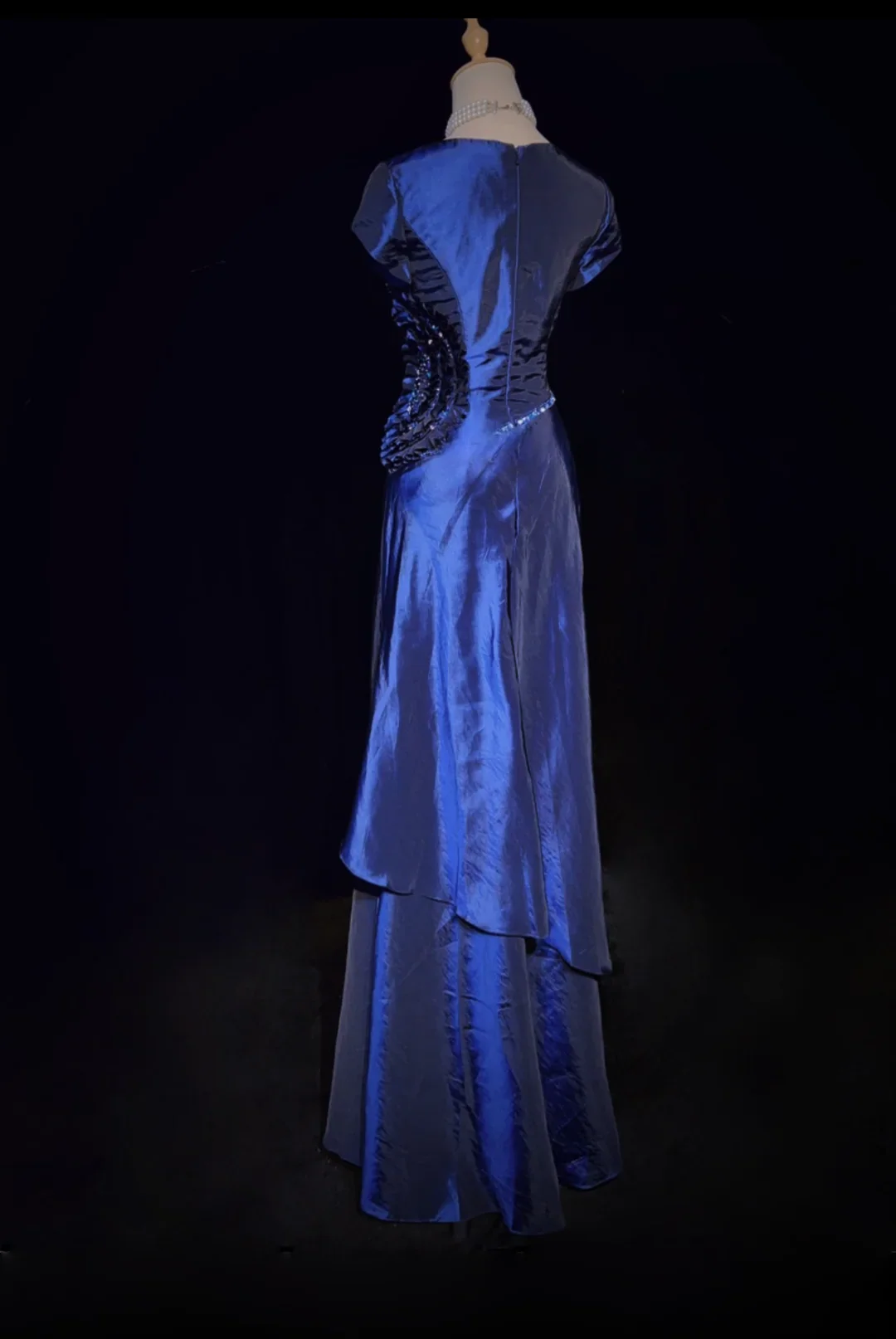 Retro A Line V Neck Navy Blue Short Sleeves With Silver Beads Long Flowers Prom Dresses Party Dress 21st Birthday Outfits Graduation Dresses DH2660 - Deanwangkt