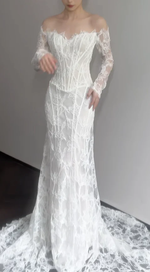 Simple Off-the-shoulder Mermaid Wedding Dresses Lace White Bridal Gowns Long Sleeve Bridal Dresses DP3358 - Deanwangkt
