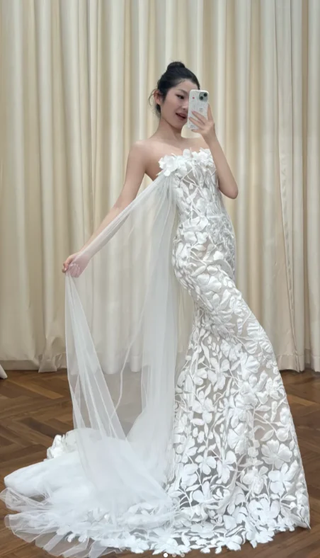 Modest Strapless Sheath Luxury Wedding Dresses Tulle Applique White Bridal Gowns Sleeveless Bridal Dresses DP3248 - Deanwangkt