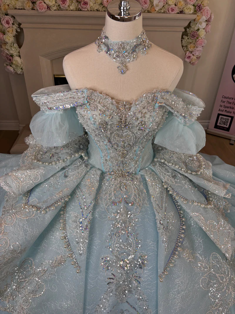 Gorgeous Sky Blue Off-the-shoulder Tulle Long Ball Gown Flower Sweet 16th Birthday Dress Cute Quinceanera Dress DH2736 - Deanwangkt