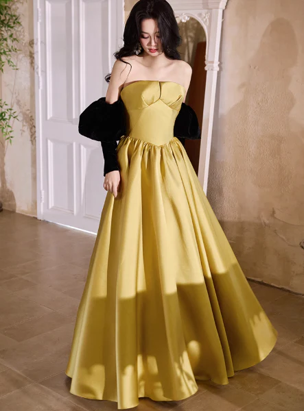 Elegant Strapless Ball Gown Satin Long Prom Dresses Yellow Formal Evening Dresses DP2981 - Deanwangkt