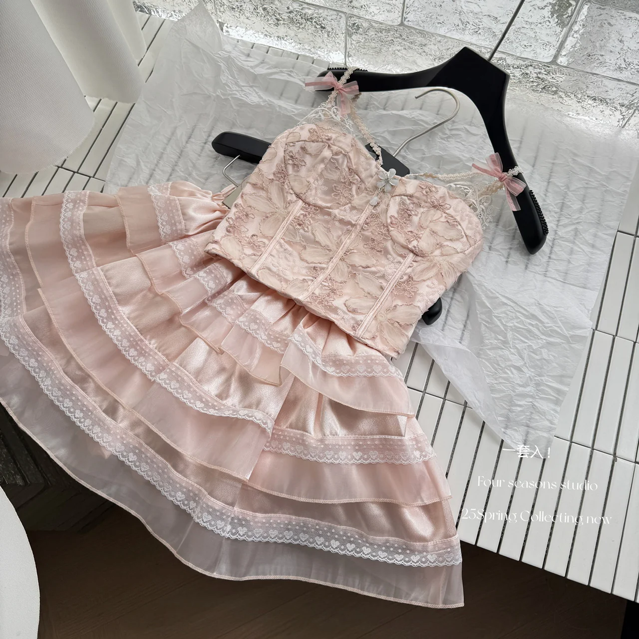 Sexy A line Spaghetti Straps 2 Pieces Pink Summer Dress Holiday Dresses Party Outfits For Women DP0118 - Deanwangkt