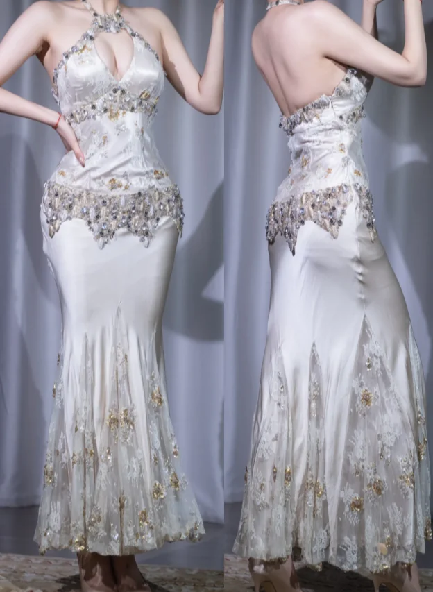 Glam Mermaid Long Prom Dresses Halter Neck Satin Lace Beaded Sleeveless Evening Dresses DP04012 - Deanwangkt