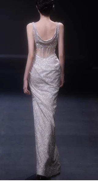 Light Champagne Glitter Tulle Sheath Evening Gowns Gorgeous Beaded Slit Formal Dresses Sparkly Sequin Sleeveless Long Prom Dresses  DH2699 - Deanwangkt