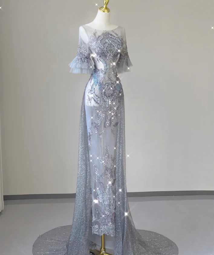 Pretty Mermaid Scoop Lace Short Sleeves Long Silver Prom Dresses Evening Dresses DP449 - Deanwangkt