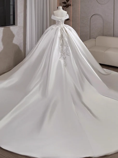 Modest Ball Gown Off-the-shoulder Bridal Dress White Tulle Long Wedding Dress Elegant Beading Applique Bridal Gowns DP2817 - Deanwangkt