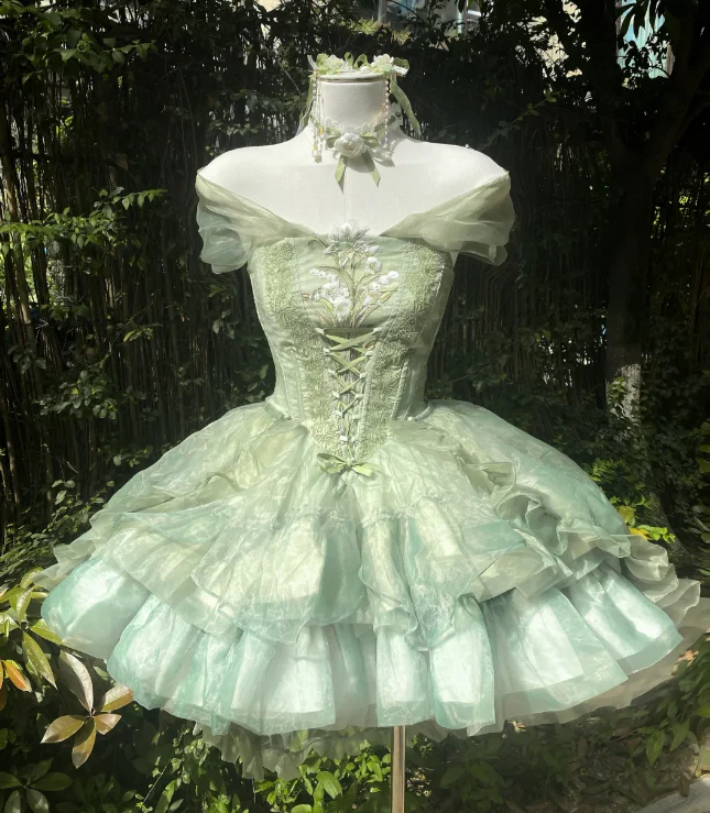 Cute Off-the-shoulder Short Ball Gown Tulle 18th Birthday Outfit Green Lolita Dresses DP3321 - Deanwangkt