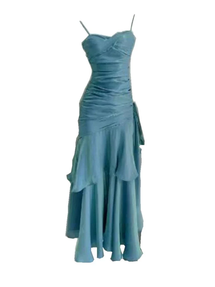 Elegant Mermaid Spaghetti Straps Blue Satin Long Prom Dresses Party Dress 21st Birthday Outfits Graduation Dresses DH2398 - Deanwangkt