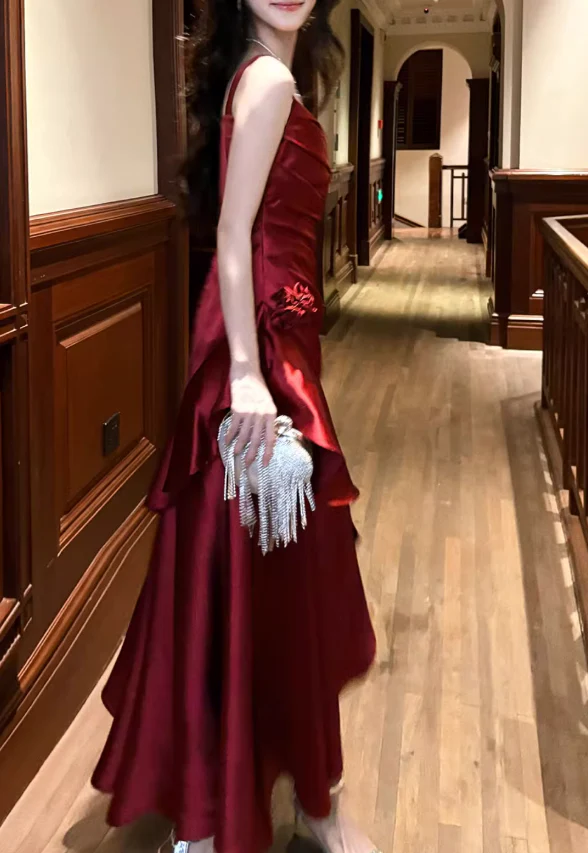 Gorgeous Sheath Long Prom Dresses Satin Sleeveless Formal Dresses Ruffle Burgundy Birthday Dresses DP3258 - Deanwangkt