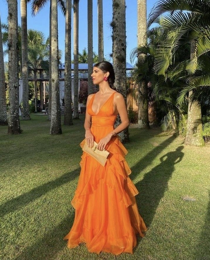Pretty A line V Neck Orange Long Night Dinner Evening Dresses Formal Summer Wedding Guest Dresses Wedding Guest Outfits W0153 - Deanwangkt
