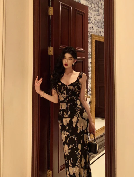 Elegant Mermaid Straps Black Floral Sleeveless 18th Birthday Dress Party Gown Birthday Outfits Birthday Dress Ideas For Women DP570 - Deanwangkt