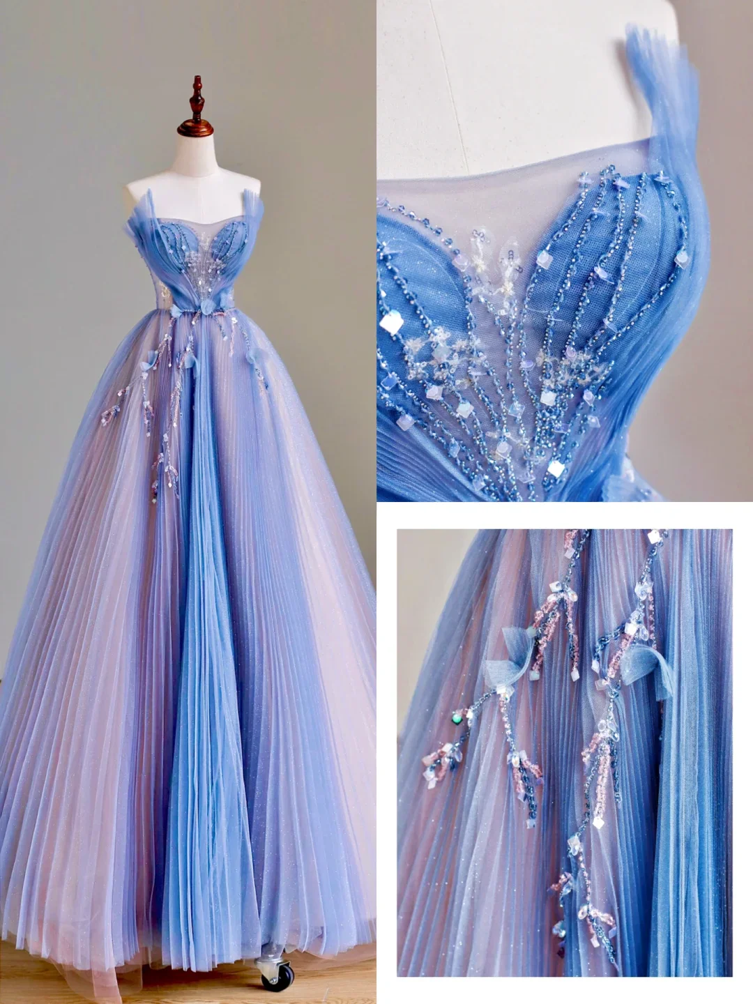 Elegant Glamour Ball Gown Strapless Blue Tulle Long Prom Dresses Party Dress Evening Dress DP1576 - Deanwangkt