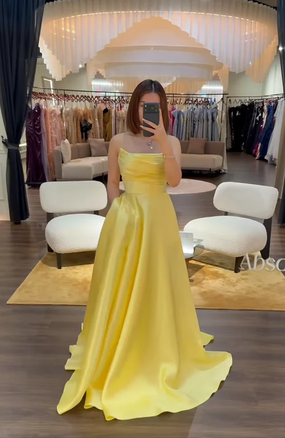 Elegant A-line Yellow Long Prom Dresses Strapless Satin Yellow Evening Dresses DP04015 - Deanwangkt