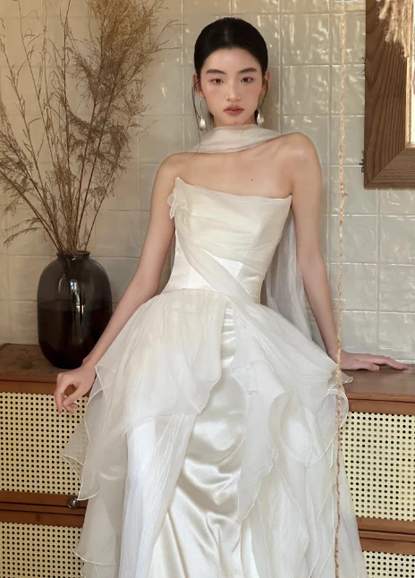 Timeless Strapless Sheath Satin Wedding Dress Elegant White Bridal Dress DP2969 - Deanwangkt