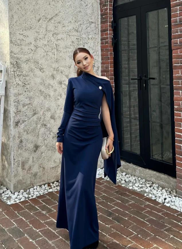 Glam Sheath Mother Of Bride Dresses Long-Sleeved Navy Blue Wedding Guest Dresses DP3950 - Deanwangkt