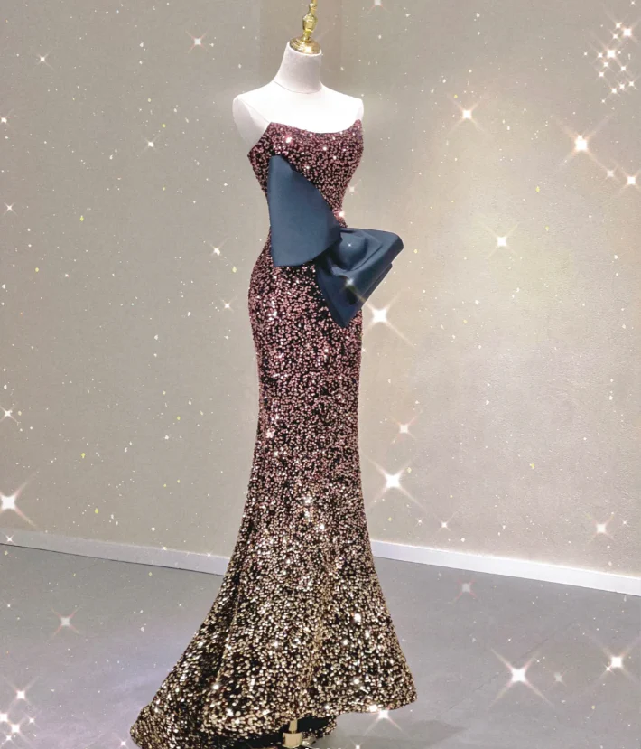 Pretty Mermaid Strapless Long Sequin Prom Dresses Graduation Dress High School Classy Evening Dresses DP428 - Deanwangkt