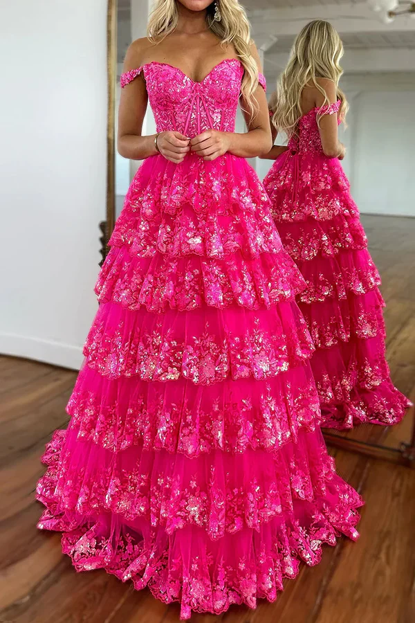 Chic Glitter Ball Gown Hot Pink Corset Off the Shoulder Lace Long Prom Dress Evening Dresses DP252 - Deanwangkt
