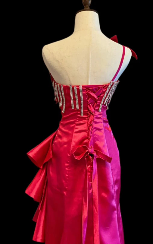 Chic One Shoulder Sheath Satin Long Prom Dresses, Hot Pink Formal Evening Dresses DP3092 - Deanwangkt