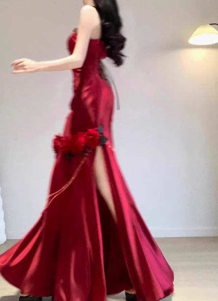 Modest Mermaid One-shoulder Long Evening Gown Burgundy Formal Dress Applique Satin Slit Prom Dress DP2798 - Deanwangkt