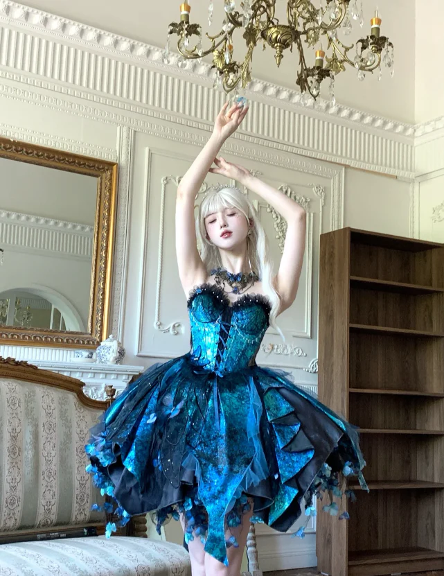 Fairy Sweetheart Neck Ball Gown Satin Applique Sleeveless Birthday Dresses Blue Lolita Dresses DP3325 - Deanwangkt