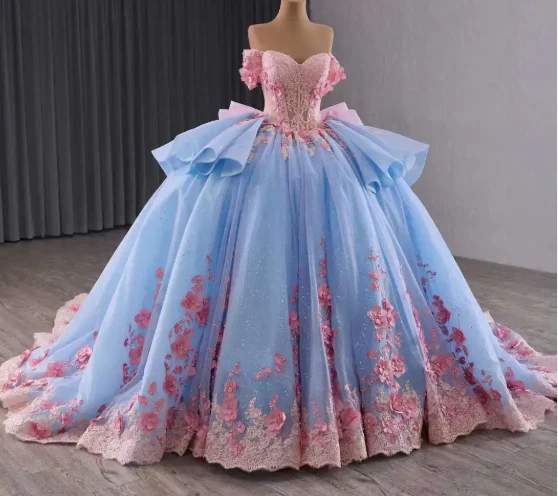 Fairy Off-the-shoulder Ball Gown Blue Long Prom Dresses Tulle Applique Blue Quinceaña Dresses Sweet 16 Dresses DP3776 - Deanwangkt