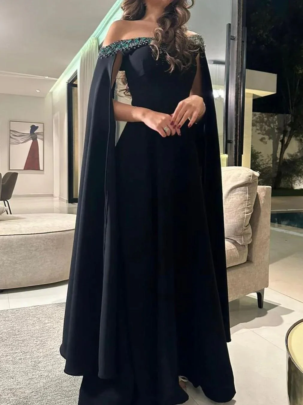 Glam Sheath Evening Dresses Black Formal Dresses Chiffon Off-the-shoulder Guest Dresses DP3289 - Deanwangkt