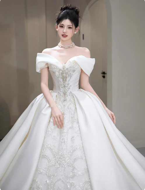 Princess Strapless Ball Gown Satin Long Wedding Dresses Beaded White Bridal Gowns Short Sleeve Bridal Dresses DP3868 - Deanwangkt