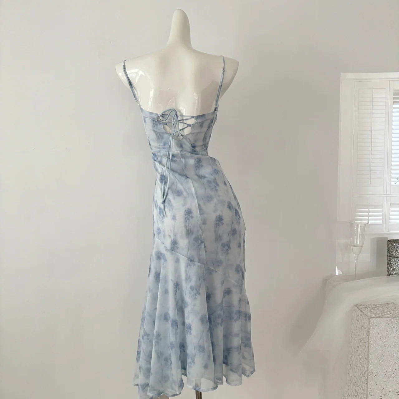 Sexy Mermaid Spaghetti Straps Blue Floral Midi Summer Dress Holiday Party Birthday Outfits For Womens DP0152 - Deanwangkt