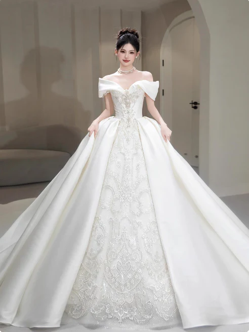 Princess Strapless Ball Gown Satin Long Wedding Dresses Beaded White Bridal Gowns Short Sleeve Bridal Dresses DP3868 - Deanwangkt