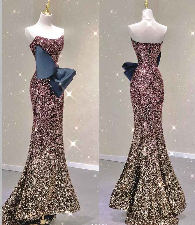 Pretty Mermaid Strapless Long Sequin Prom Dresses Graduation Dress High School Classy Evening Dresses DP428 - Deanwangkt